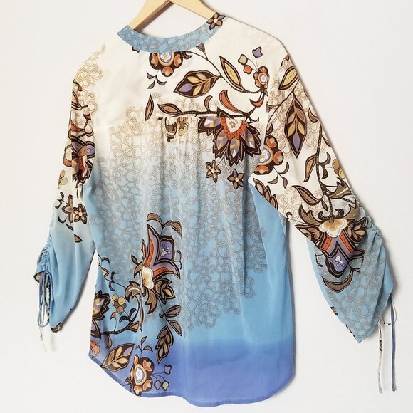 Citron Santa Monica Fall Leaf Silk Blend Blouse Top M Ruched Sleeves Lagenlook - Picture 3 of 16